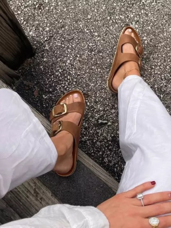 Birkenstock Shoes - Birkenstock Brown Suede Double-Strap Sandals with Gold Buckles